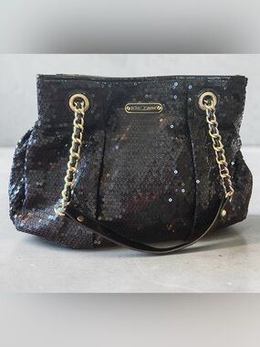 Betsey Johnson Black Sequin Tote Bag Gold Chain Shoulder Purse Glam Y2K
